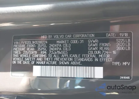 2019 Volvo Xc60 T5 Inscription z USA, uszkodzony, nr VIN LYV102DL9KB288224